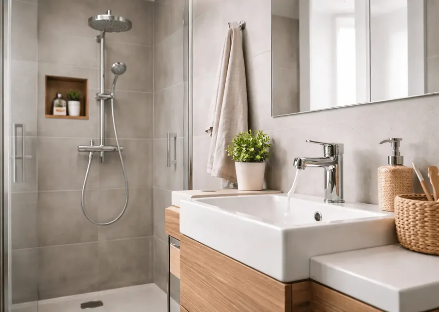 Salle de bain rénovée avec douche, vasque et robinetterie